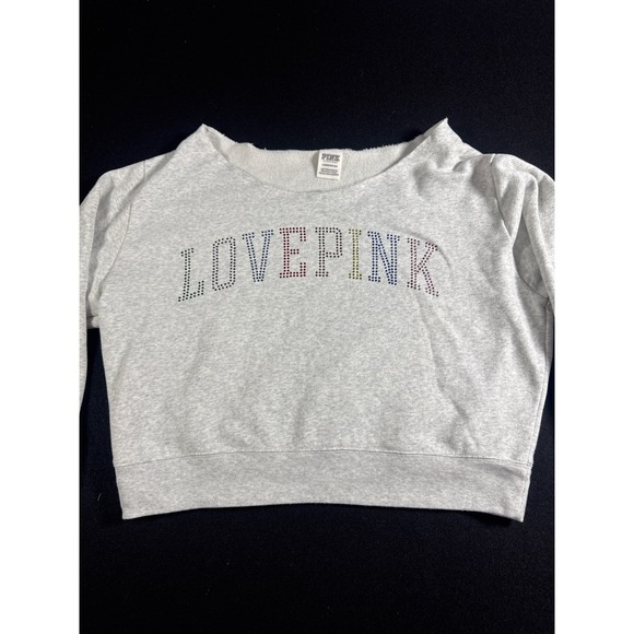 PINK Victoria's Secret Tops - Pink Victoria's Secret Gray Rhinestone Love Pink Cropped Sweatshirt XL